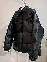 Оne size S-M женская зимняя кожаная куртка из эко кожи черная, короткий кожаный пуховик