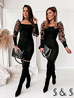 Платье вечерние женское нарядное трикотаж джерси + евро сетка в горошек. черное