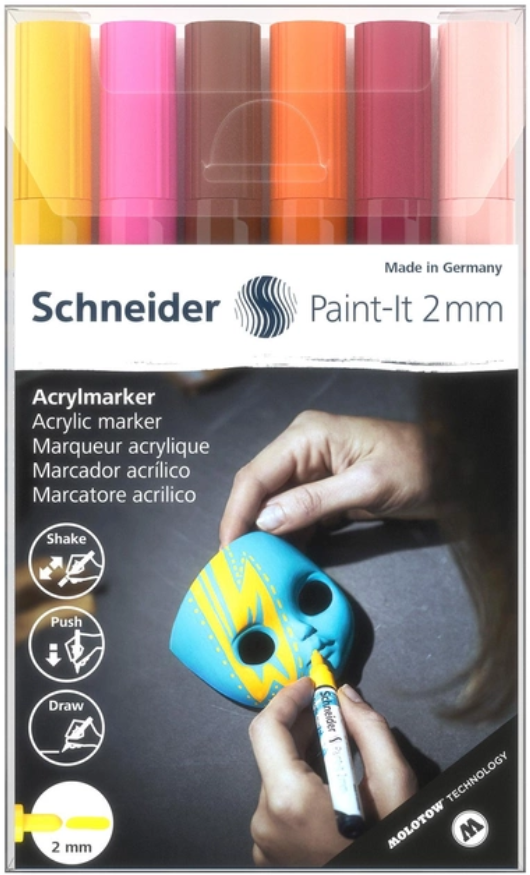 Маркер акриловий для декоративних і художніх робіт Schneider Paint-it Wallet Set3 6 кольорів 2 мм