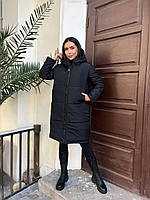 Куртка женская зимняя стеганая с капюшоном удлиненная изумруд плащевка холофайбер норма/батал все размер 42-56 Чорний, 42/44