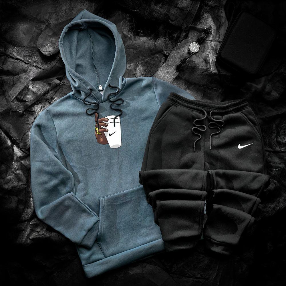Чоловічий спортивний костюм зимовий Nike coffee блакитний-чорний худі штани найк теплий з начісом зима