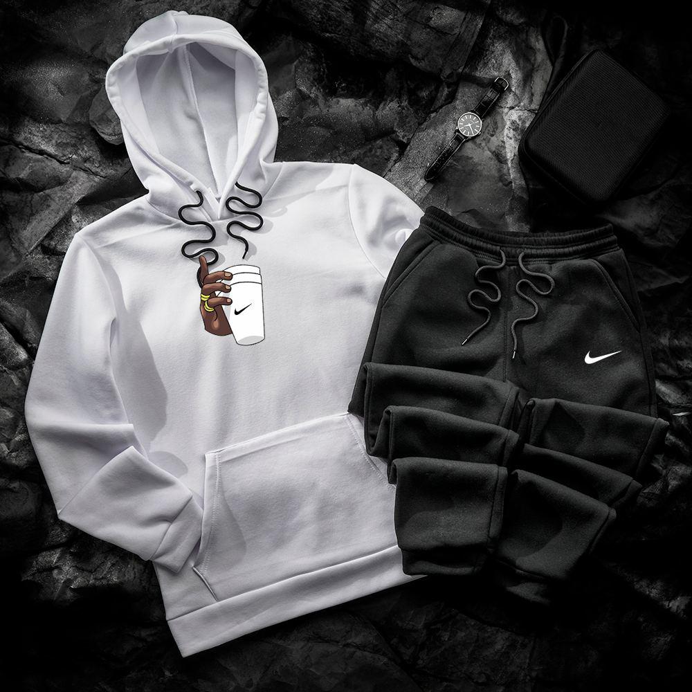 Чоловічий спортивний костюм зимовий Nike coffee білий-чорний худі штани найк теплий з начісом зима