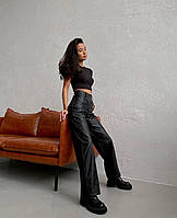 Универсальные теплые кожанные женские штаны-брюки на флисе, с высокой посаддкой, черные