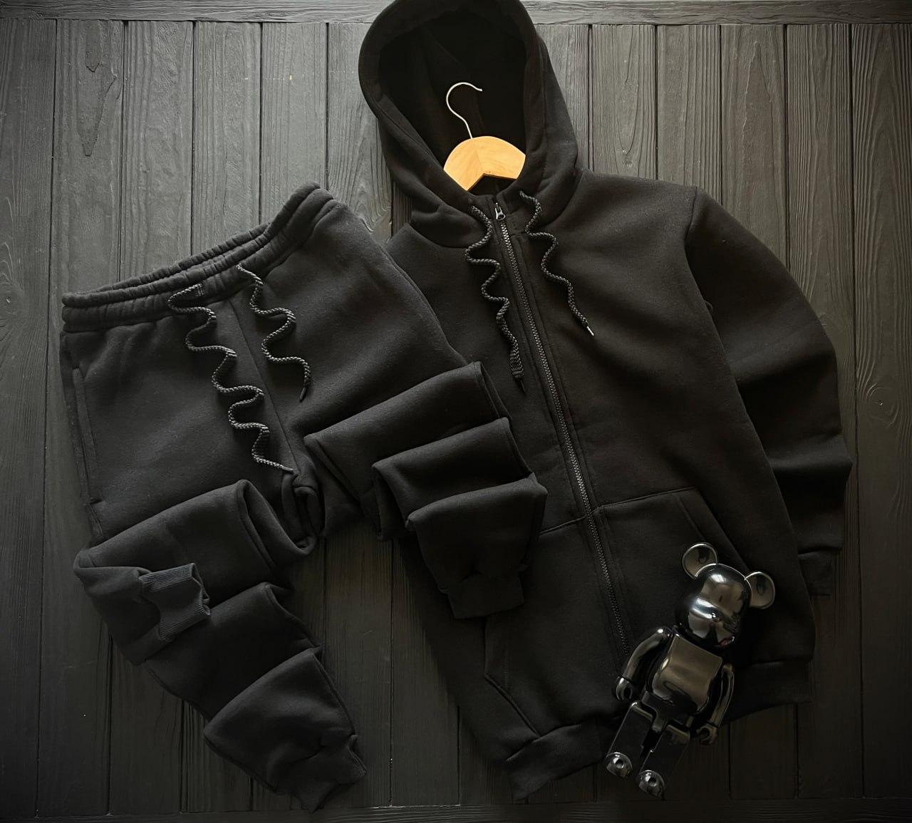 Спортивний костюм зимовий теплий чоловічий на блискавці zip fleece чорний толстовка з начосом штани на флісі зима