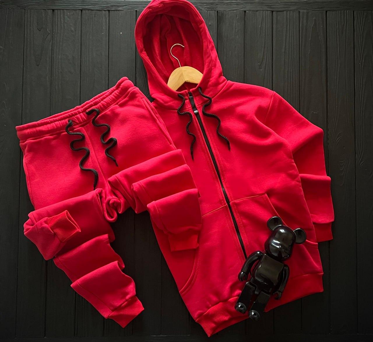 Спортивний костюм зимовий теплий чоловічий на блискавці zip fleece червоний толстовка з начосом штани на флісі зима