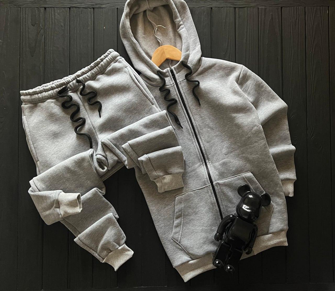 Спортивний костюм зимовий теплий чоловічий на блискавці zip fleece сірий толстовка з начосом штани на флісі зима