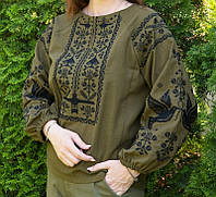 Льняная женская вышиванка хаки, блуза с современной вышивкой