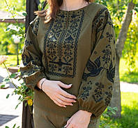 Льняная женская вышиванка хаки, блуза с современной вышивкой 2XL