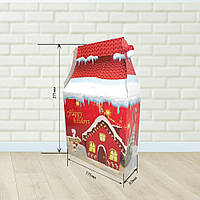 Новогодняя картонная упаковка Домик большой Красный домик и снеговики красный 600-700 г.