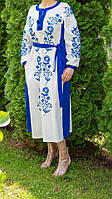 Женское длинное льняное платье вышиванка, платье белое с синим орнаментом L