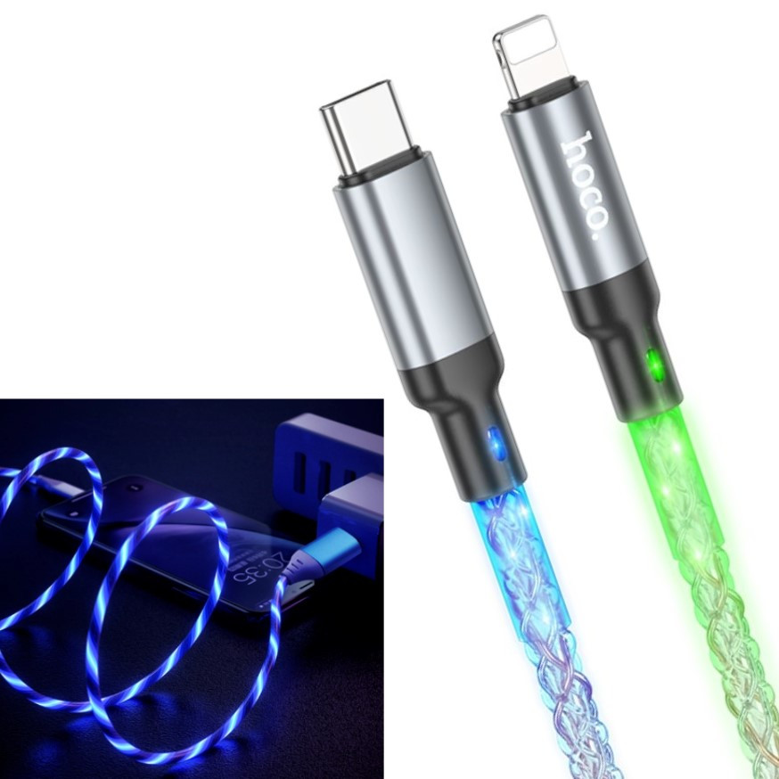 Кабель для швидкої зарядки iphone що світиться Lightning type c pd Зарядний дріт для айфона лайтнінг Hoco, фото 1