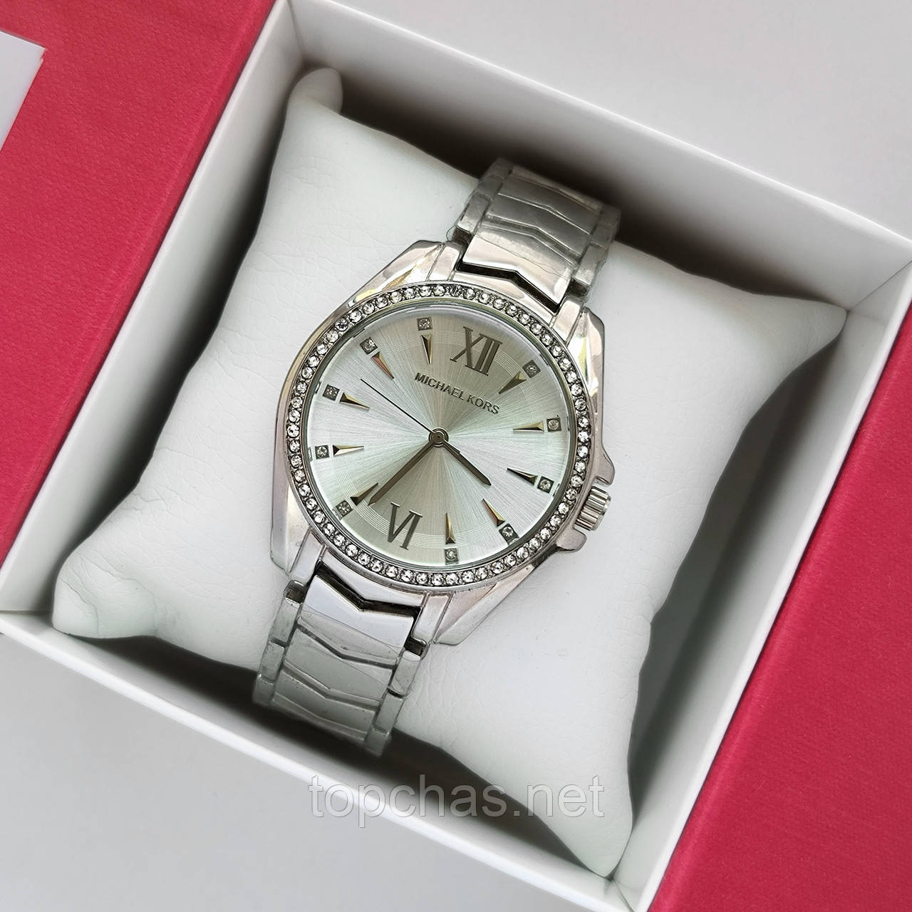 Жіночий наручний годинник Michael Kors (майкл корс) срібного кольору, з камінчиками навколо циферблата - код 2354