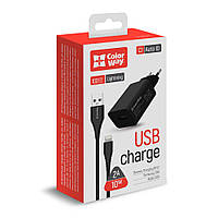 Блок для зарядки телефона USB 10W + кабель Lightning 2.0A 1м черный ColorWay