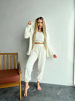 Махровий комплект трійка піжама і кофта молочного кольору
