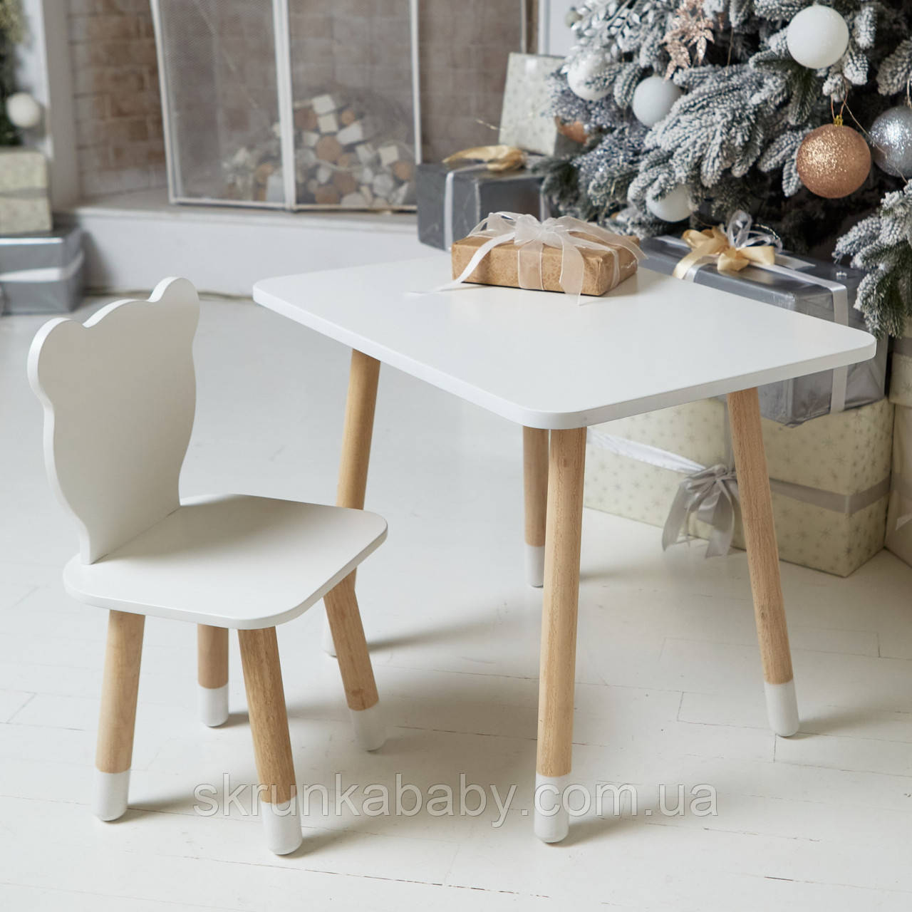 Комплект дитячий білий прямокутний стіл і стільчик білий медведик. Столик для ігор, уроків, їжі. Білий столик, фото 1