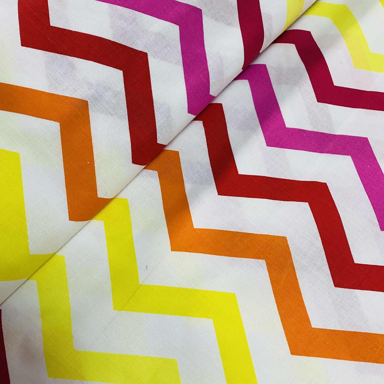 Бавовняна тканина польська зиґзаґ жовто-жовтогарячо-червоно-рожева на білому (E-0444), фото 1