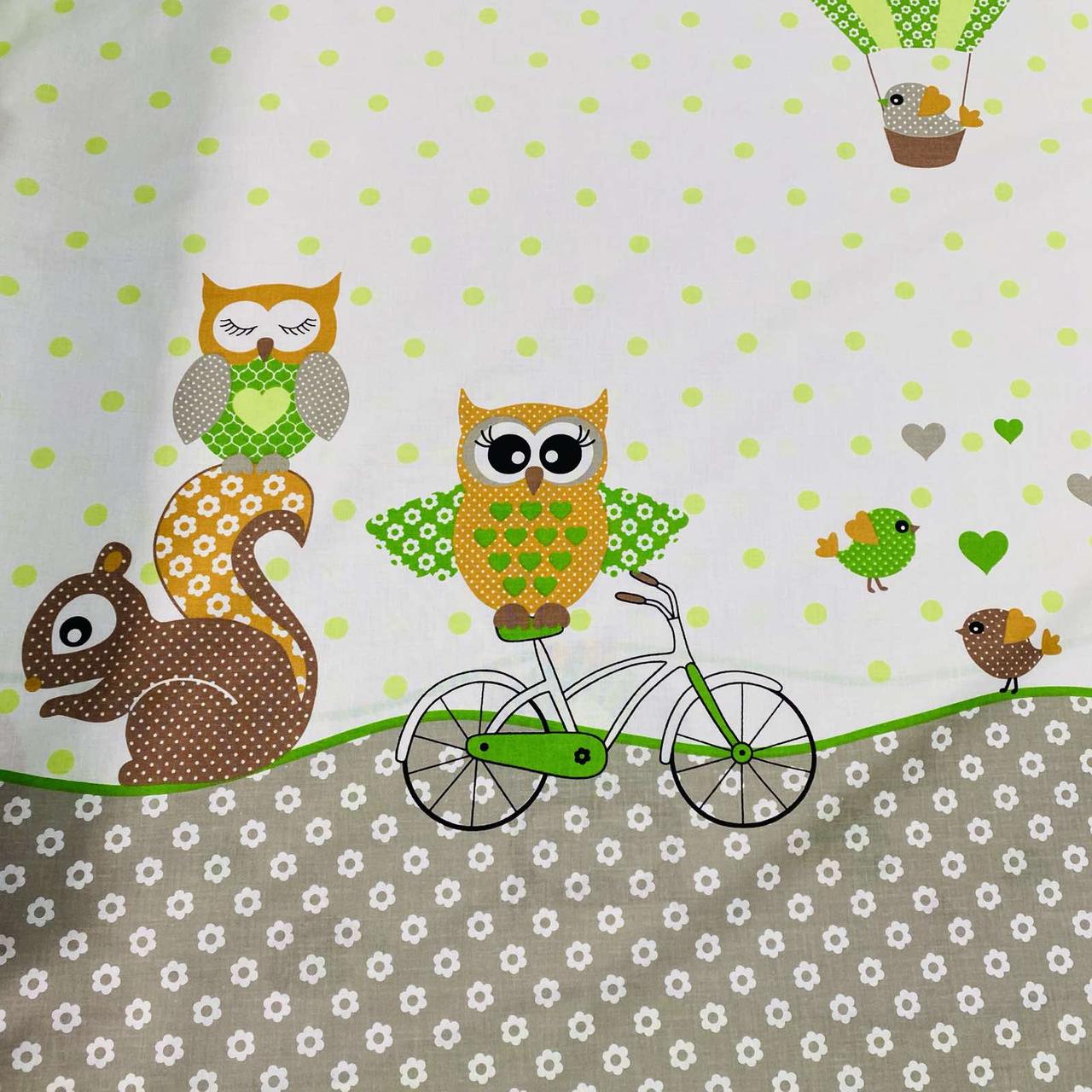 Тканина польська Купон сови з білочкою на білому, фото 1