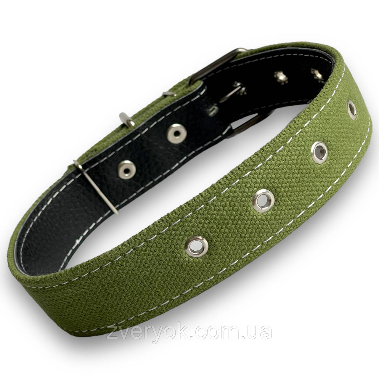 Нашийник брезентовий подвійний для собак. Безрозмірний нашийник подвійний для собак брезент+шкіра, Зелений 27 - 60 см, 35 мм