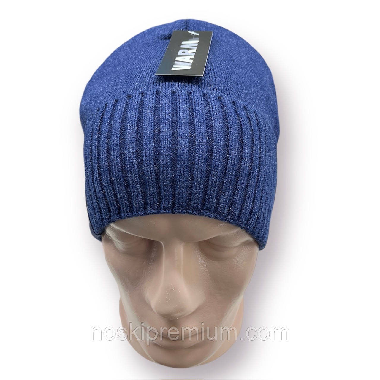 Шапка чоловіча "Рулнов" вовняна на флісі із закотом Warm, синя, 020102, фото 1