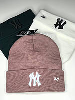 Жіноча зимова шапка рожева NEW YORKER 47 Висока (Лопата) З підворотом Вишитий логотип Біла Зелена Тепла