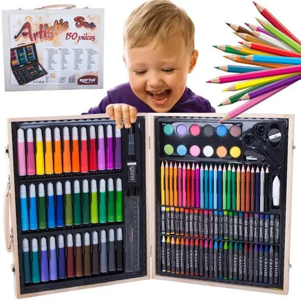 Великий набір для малювання олівці маркери в дерев'яній валізці 150шт | Art Set набір юного художника, фото 1