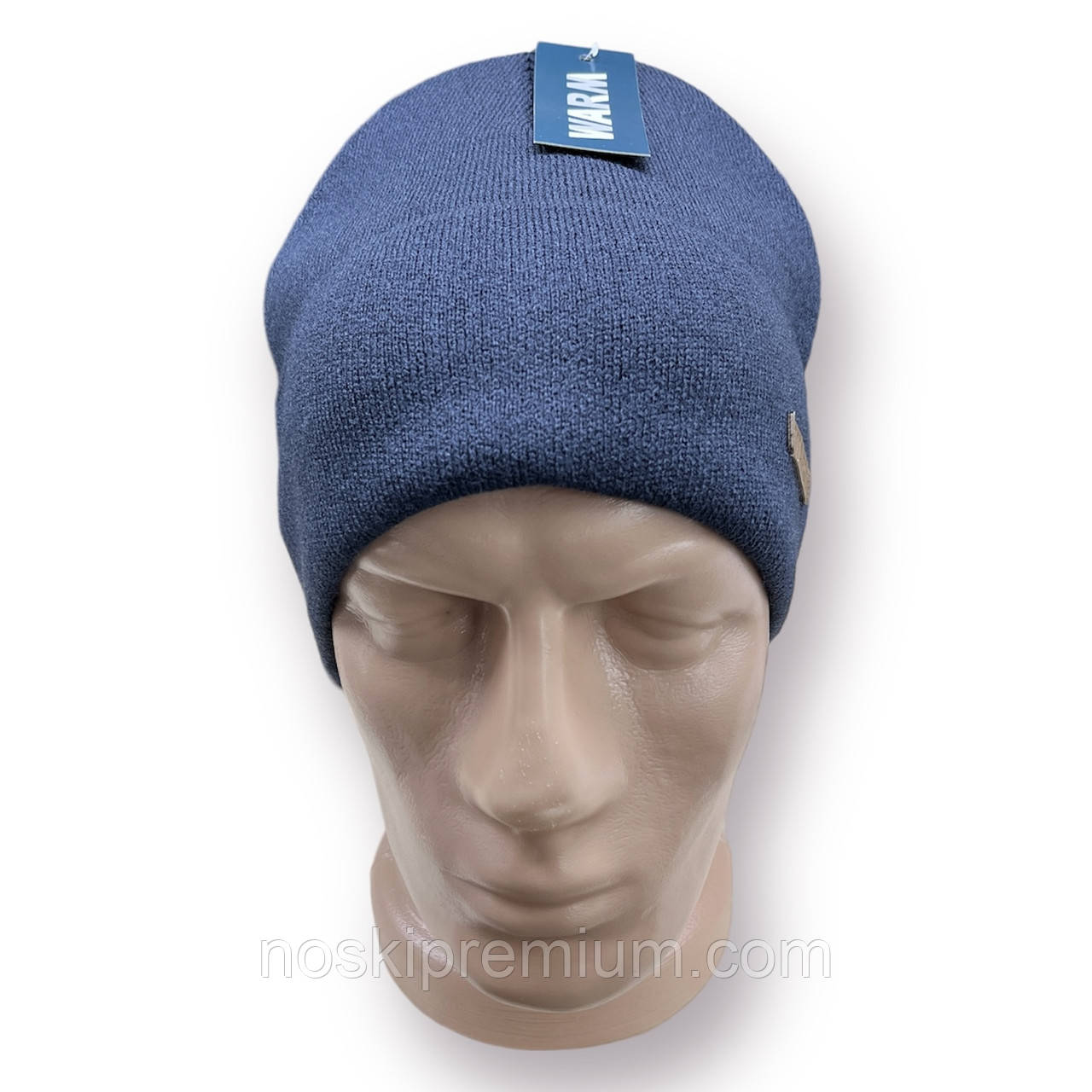 Шапка чоловіча "Відворот лейба" вовняна на флісі із закотом Warm, синя 020103, фото 1