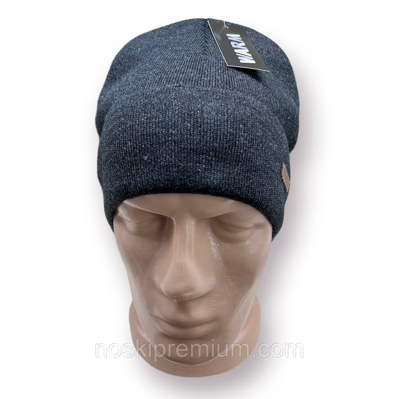 Шапка чоловіча "Відворот лейба" вовняна на флісі із закотом Warm, сіра, 020110, фото 1