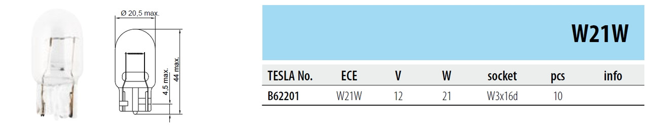 Автомобільна лампа Tesla B 62201. Тип - W21W, вольт - 12, ватність - 21, роз'єм - W3x16d