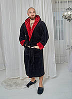 Халат Мужской махровый длинный TOMIKO ЧЁРНЫЙ с воротом бордо 4002