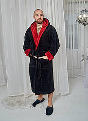 Чоловічий махровий халат довгий TOMIKO ЧОРНИЙ з воротом бордо 4002