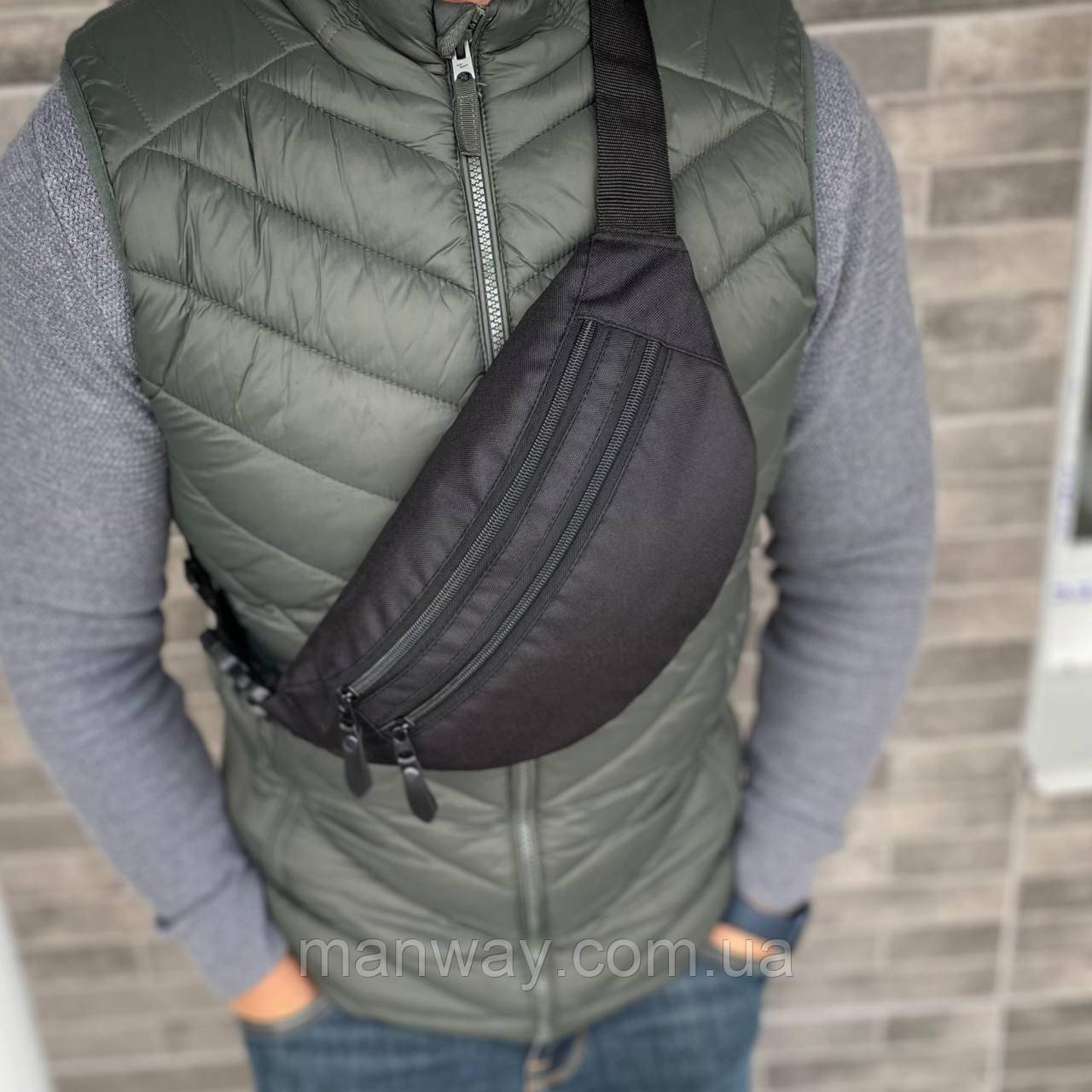 Чорна сумка бананка на пояс на груди Saturn