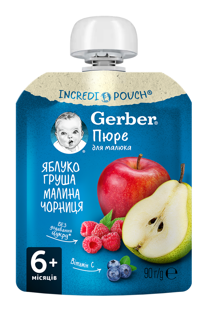 Пюре GERBER Яблуко, груша, малина, чорниця", 90г