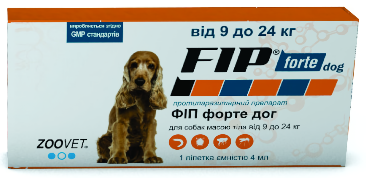 FIP forte dog (ФІП форте дог) краплі від бліх, кліщів і комарів для собак 9-24 кг, Zoovet