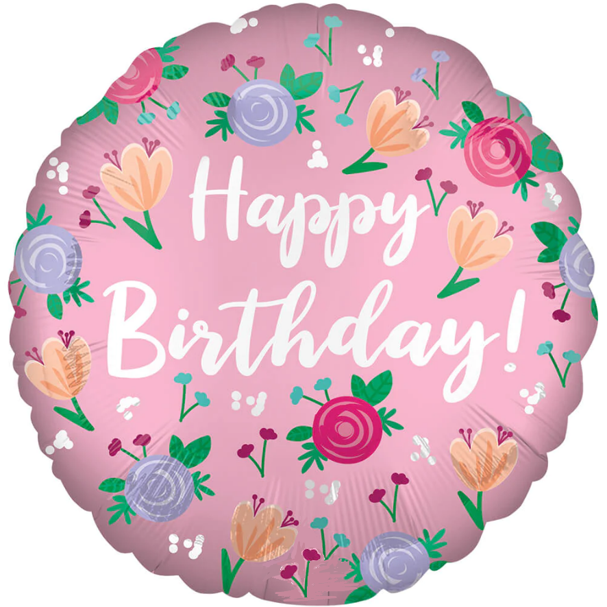 Фольгована кулька круг "Happy Birthday з квітами" рожева 18"(45см) 1шт.