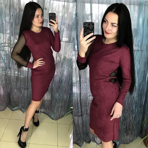 Сукня замша пряма зі вставками (рукав та талія) з сітки довгий рукав