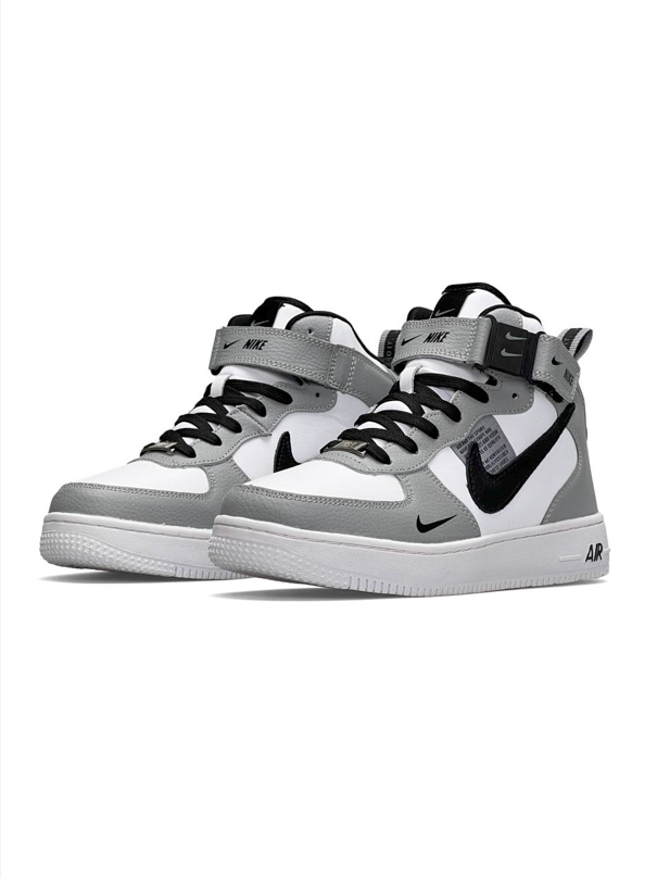 Кросівки чоловічі зимові Nike Air Force Найк Форс високі сірі шкіряні з хутром на липучці