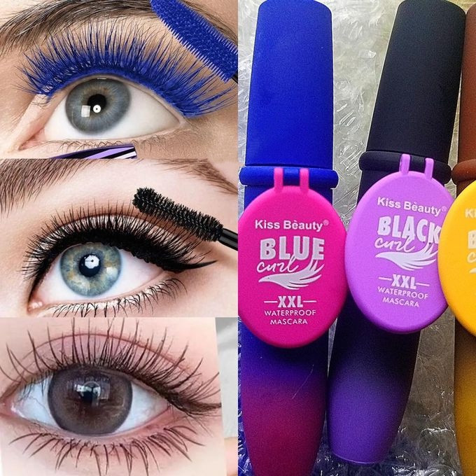 Туш для вій кольорова Kiss Beauty із дзеркалом: чорна, коричнева та синя