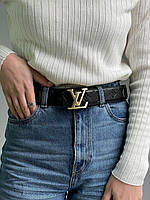 Женский стильный ремень Луи Виттон черный пояс Louis Vuitton Leather Belt Embossing Black/Gold