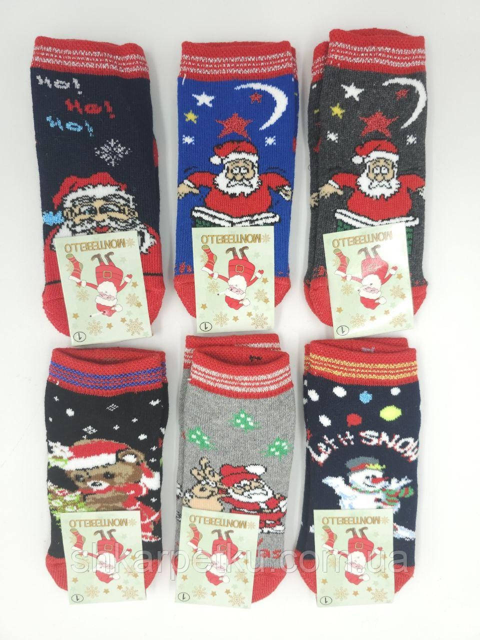Дитячі новорічні махровые шкарпетки Montebello з новорічним принтом на 1 рік, 12 пар/уп. мікс кольорів