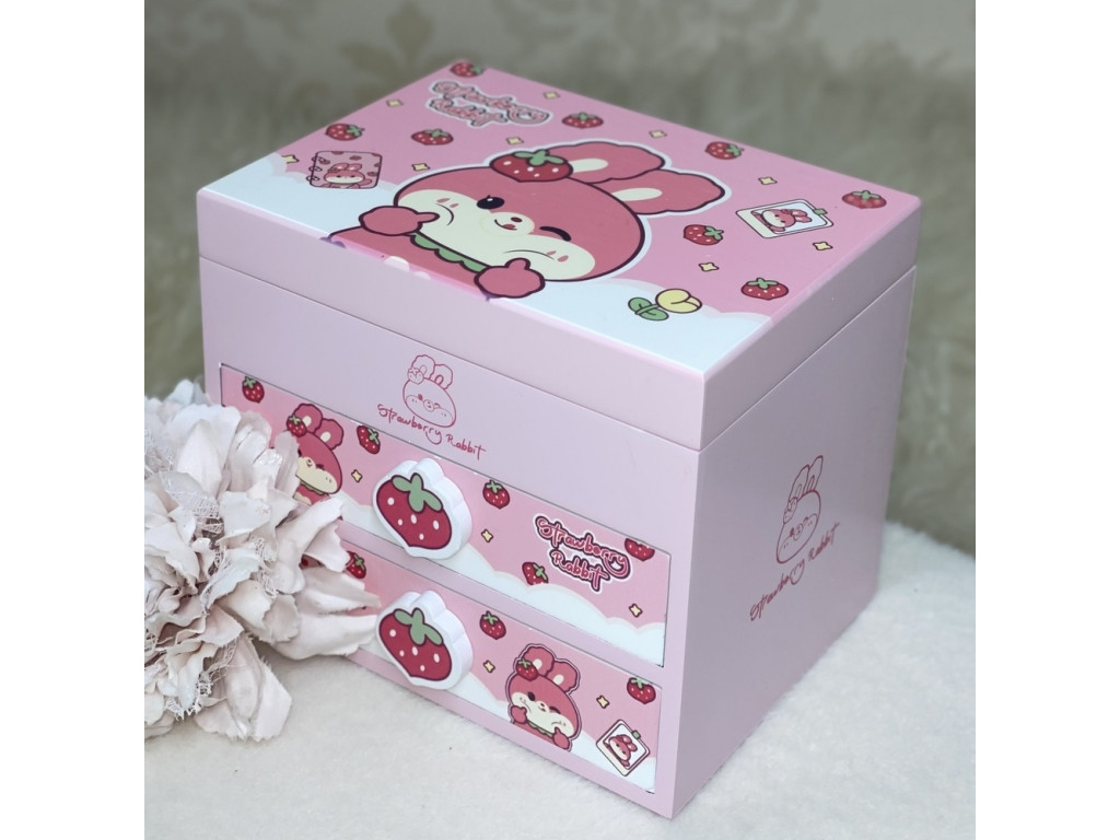 💝Музична дитяча скринька Клубничний Кролик, дерев'яна, з двома шухлядками та дзеркальцем, фото 1