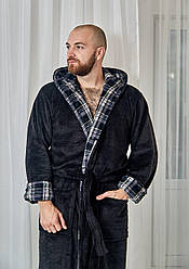Чоловічий махровий халат довгий TOMIKO ЧОРНИЙ з воротом клітинка 4002
