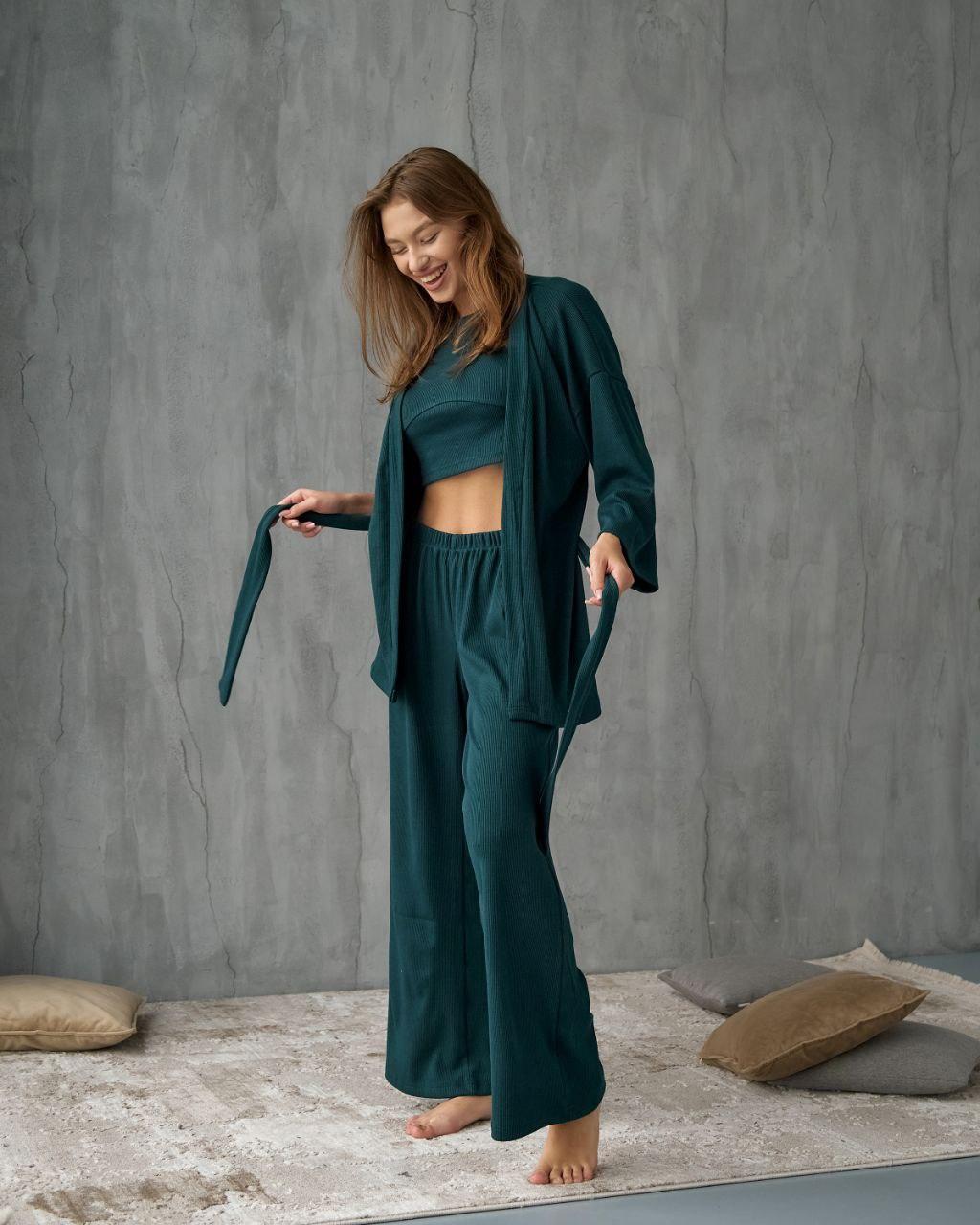 Жіноча домашня піжама четвірка штани топ шорти халат тканина трикотаж у рубчик колір зелений TRCH, фото 1