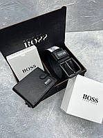 Подарунковий набір Boss чорний шкіряний ремінь і гаманець, Подарунок чоловікові в коробці