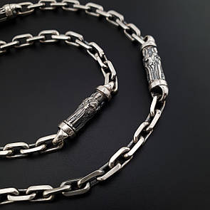 Чоловічий срібний ланцюжок якір з православними вставками Св. Миколая. Цепочка з якірним плетінням срібло 925 60 см