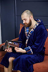 Чоловічий махровий халат довгий TOMIKO СИНІЙ КЛІТИНКА 4002