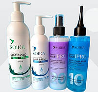 Набор для восстановления волос 4 в 1: шампунь, бальзам, спрей-термозащита, зеркальная вода SOIKA