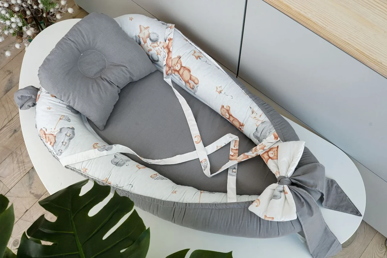 Кокон-гніздечко з вушками для новонародженого з матрацом і подушкою Bears/Gray