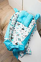 Кокон-гніздечко з вушками для новонародженого з матрацом і подушкою Triangles/Blue