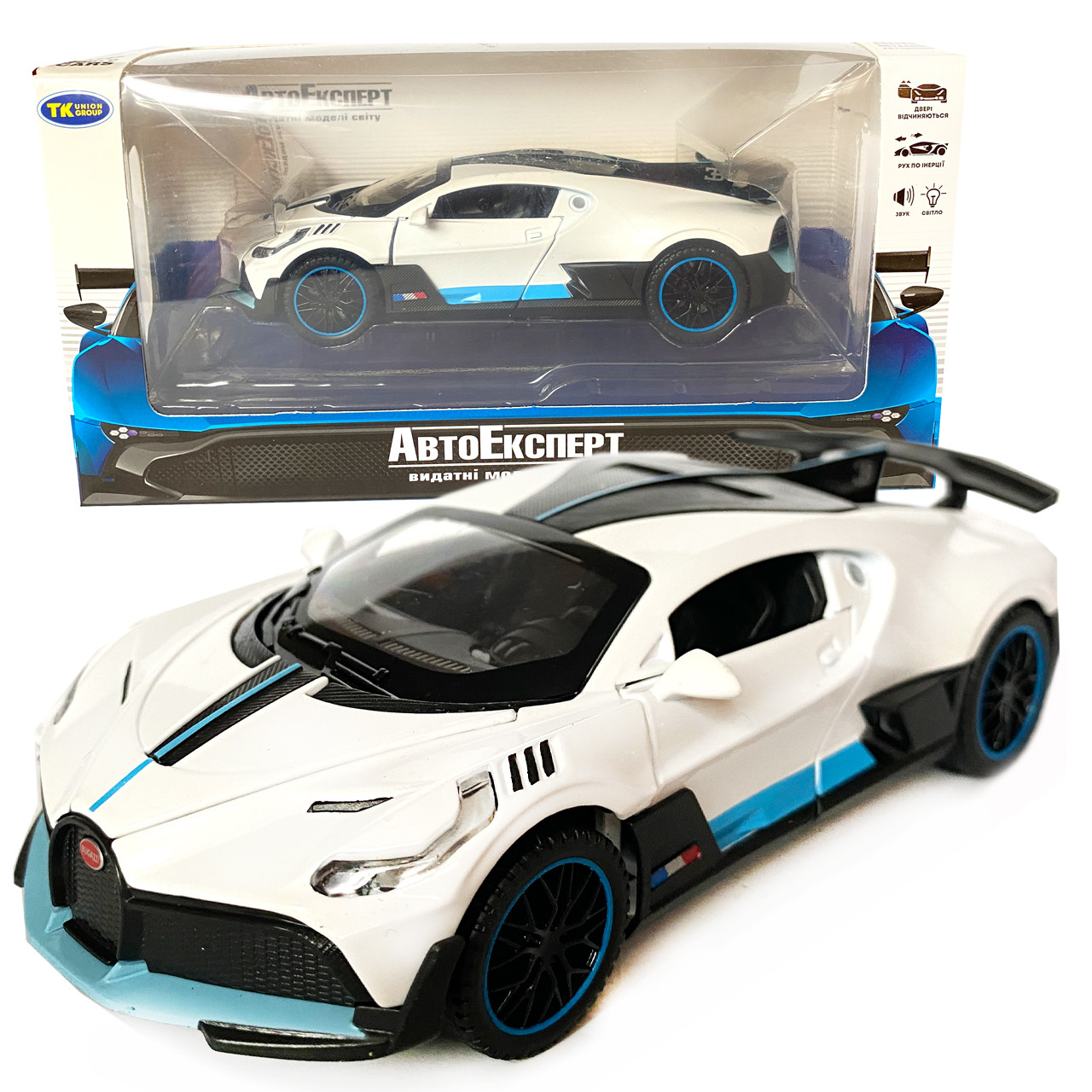 Іграшкова машинка металева Bugatti Divo, Бугатті, біла, звук, світло, інерція, відкр двері, Автоексперт, 1:32,15*7*5см (ТК-10063), фото 1