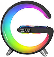 Настільна смарт лампа-нічник G-Smart RGB з годинником, бездротовою зарядкою 15W і Bluetooth-колонкою 3W (GL-Black), фото 11